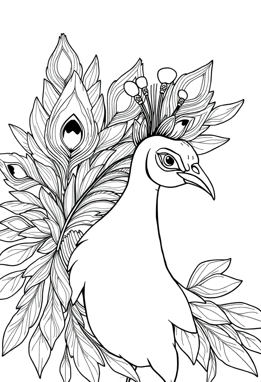 Ornate Peacock Feathers coloring page for kids