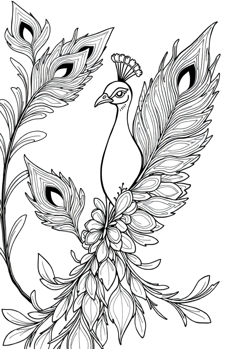 Ornate Peacock Feathers coloring page, free printable