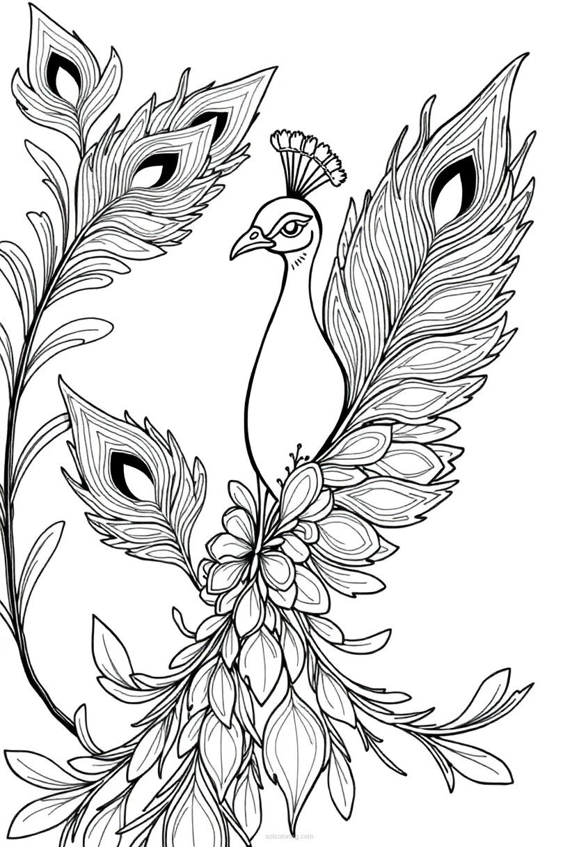 Ornate Peacock Feathers coloring page for kids