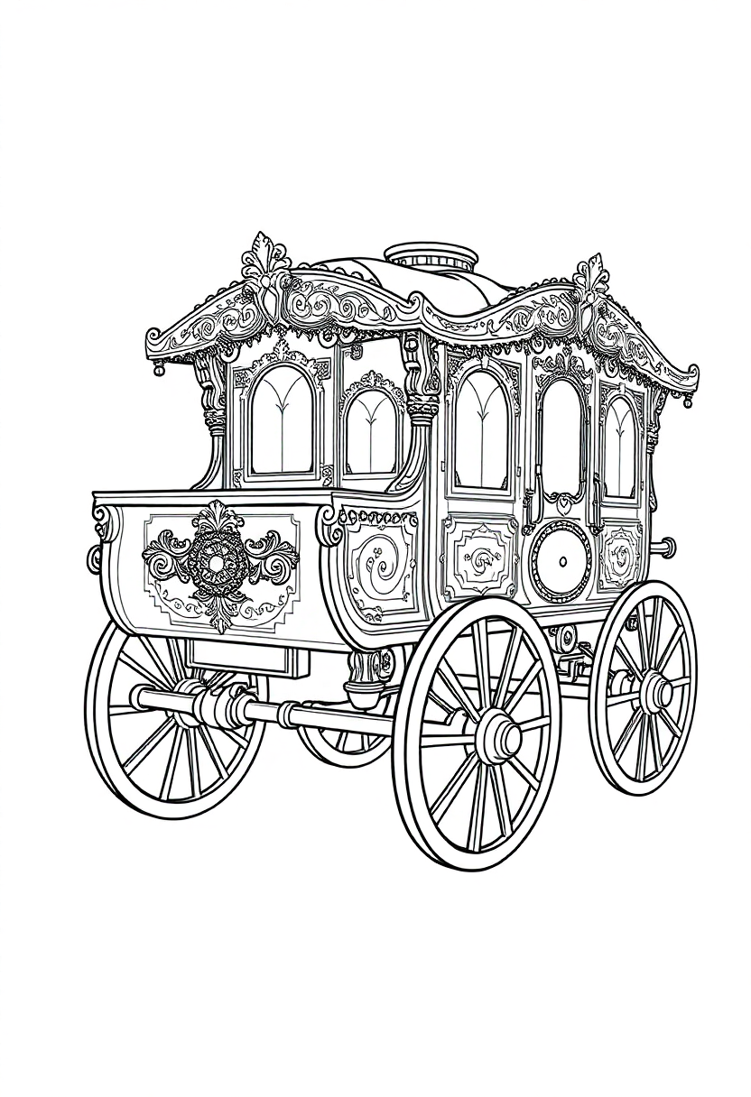 Ornate Steam Wagon coloring page, free printable