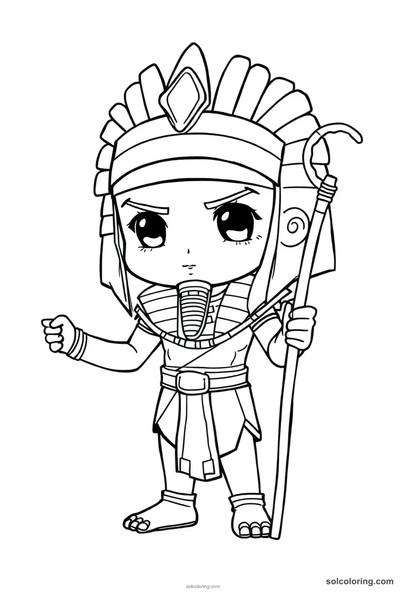 Chibi Osiris Holding Crook and Flail chibi coloring page for kids