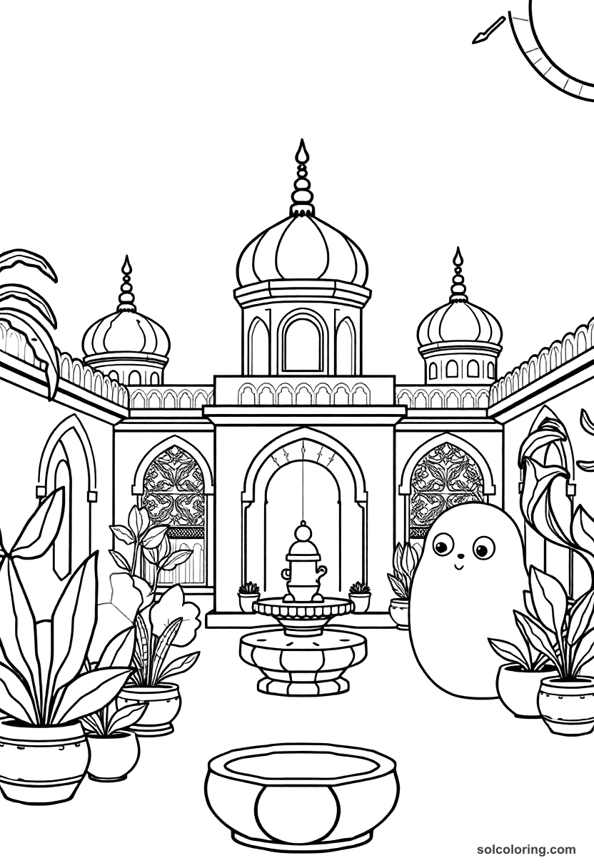 Cute Cartoon Ottoman Sultan's Harem Garden coloring page, free printable cute cartoon style