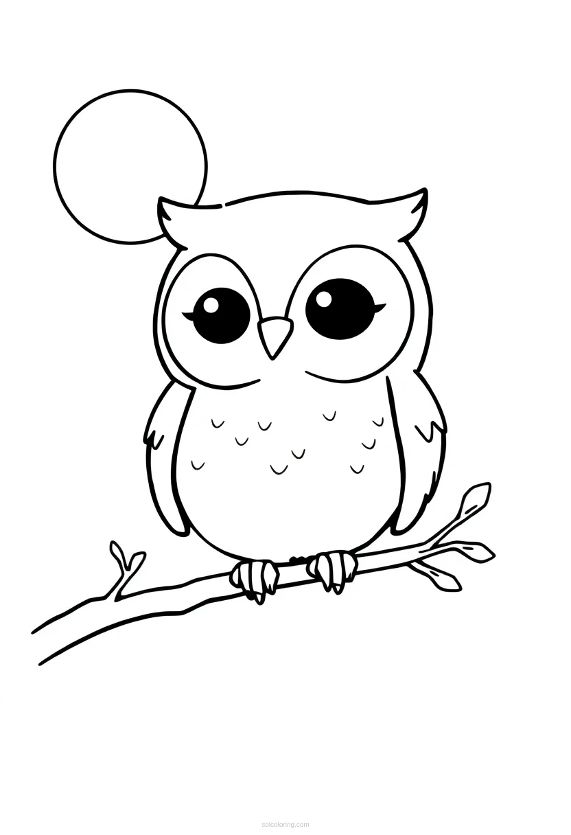 Owl on Branch at Night coloring page for kids