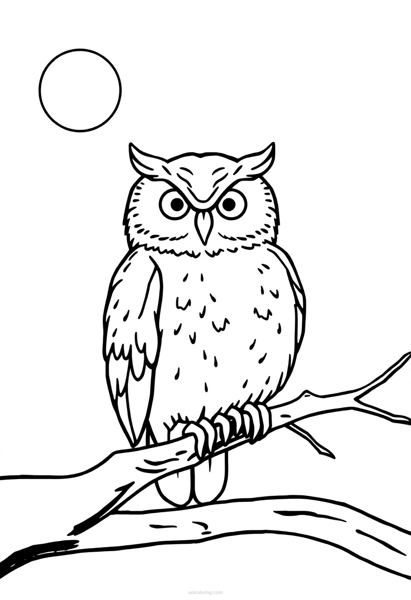Owl on Branch at Night coloring page for kids