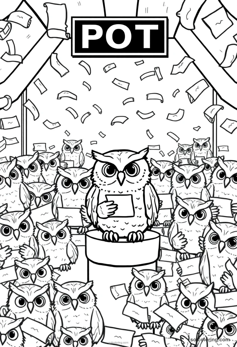 Chibi Owl Post Room with Dozens of Owls Carrying Scrolled Letters chibi coloring page for kids