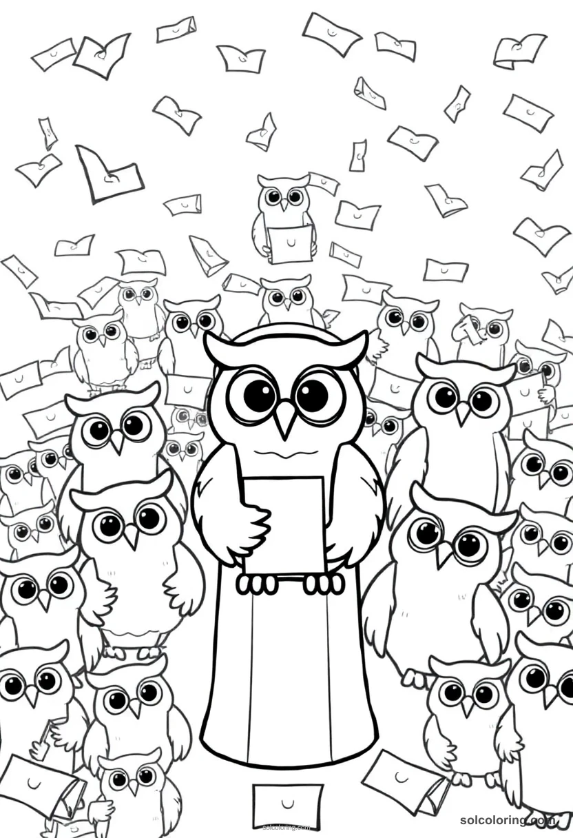 Cute Cartoon Owl Post Room with Dozens of Owls Carrying Scrolled Letters cute cartoon coloring page for kids