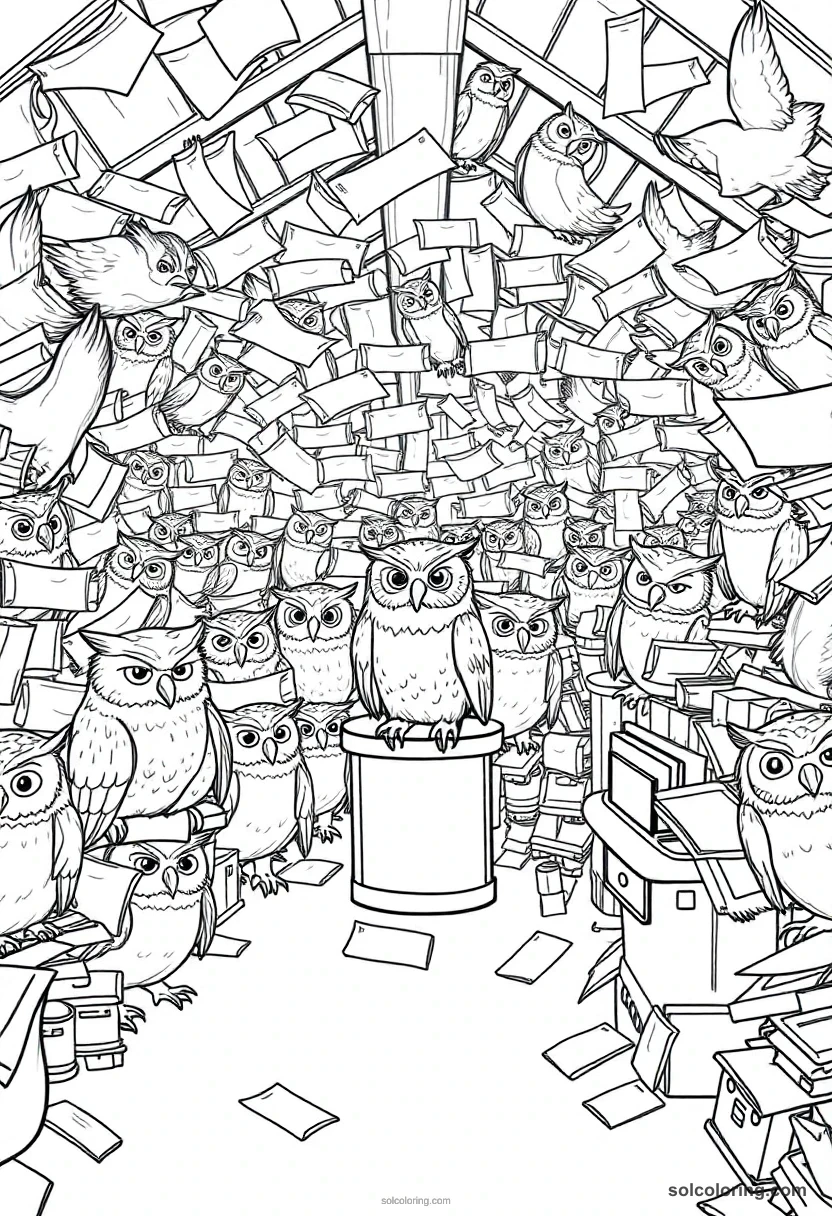 Owl Post Room with Dozens of Owls Carrying Scrolled Letters detailed coloring page for kids