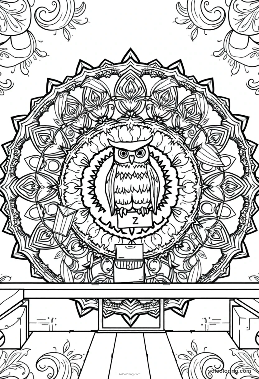 Mandala Owl Post Room with Dozens of Owls Carrying Scrolled Letters mandala coloring page for kids