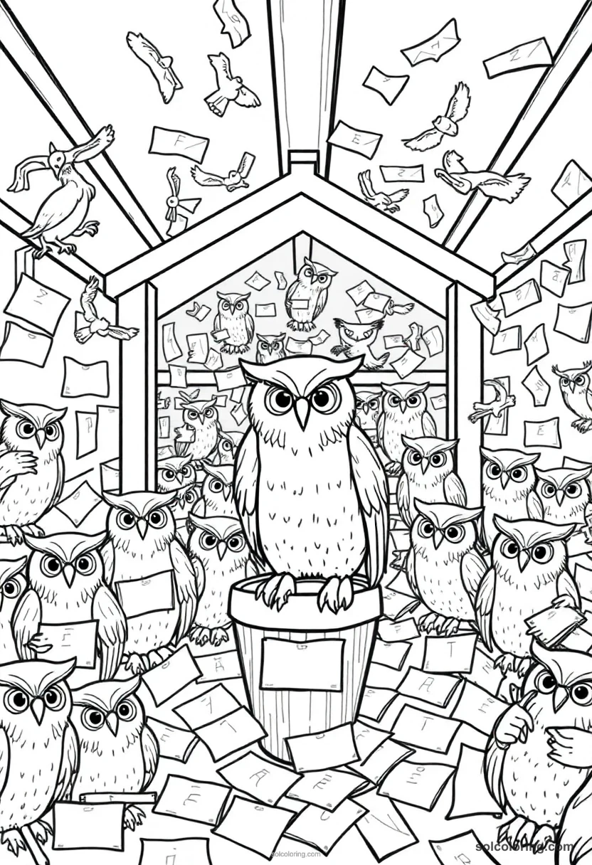 Owl Post Room With Dozens Of Owls Carrying Scrolled Letters coloring pages