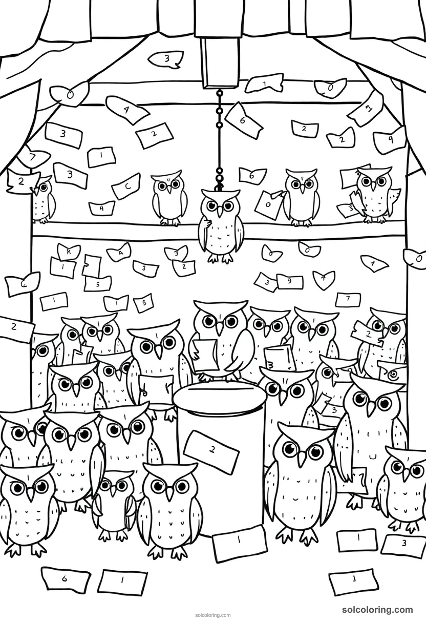 Simple Owl Post Room with Dozens of Owls Carrying Scrolled Letters simple coloring page for kids