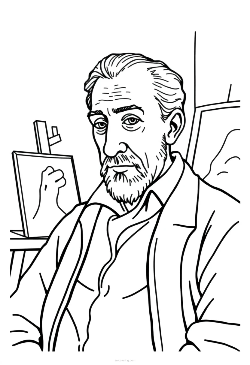 Pablo Picasso in Art Studio coloring page for kids