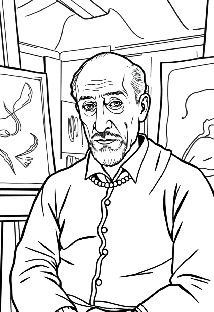 Pablo Picasso in Art Studio coloring page for kids
