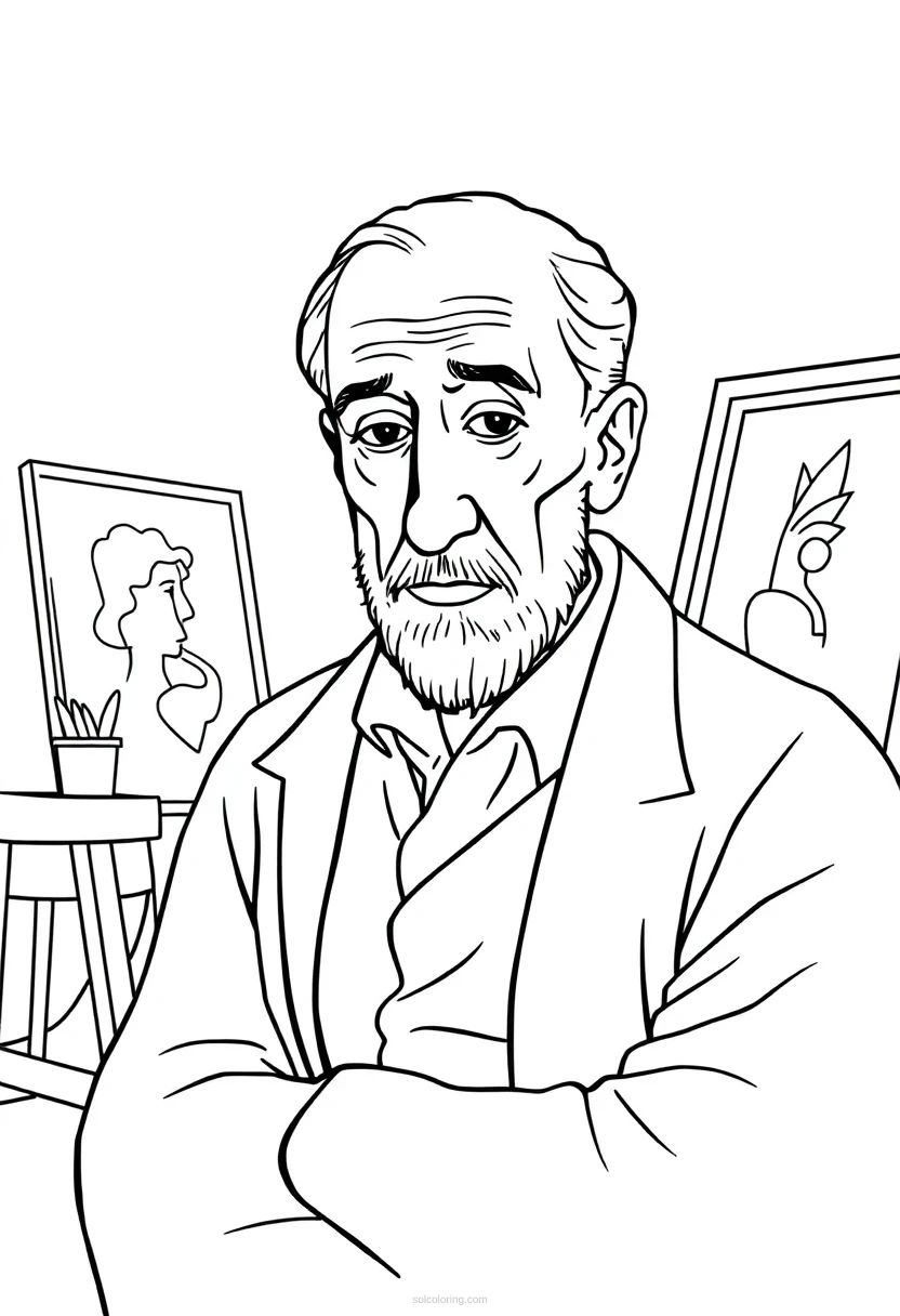 Pablo Picasso in Art Studio coloring page for kids