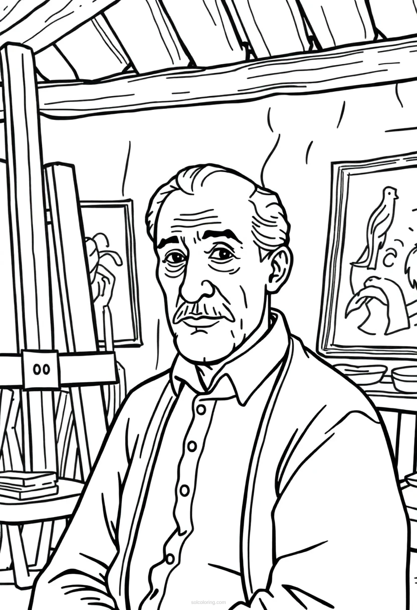 Pablo Picasso in Art Studio coloring page for kids