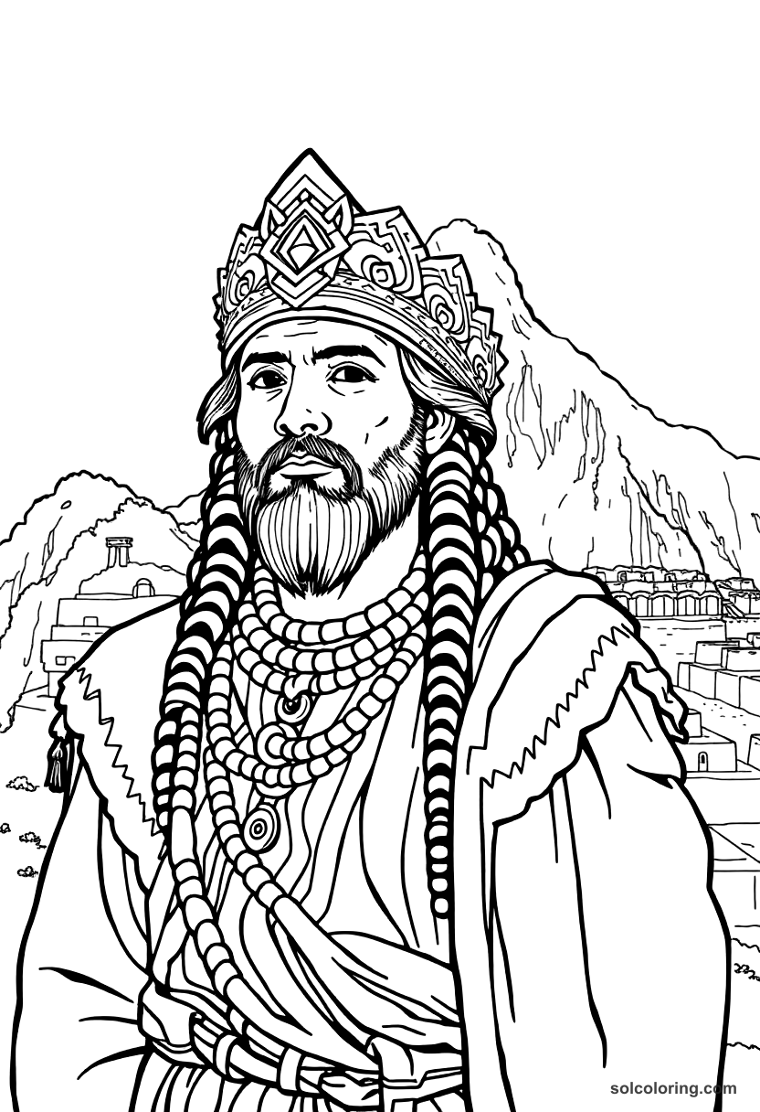 Pachacuti Inca Building Machu Picchu coloring page, free printable detailed style
