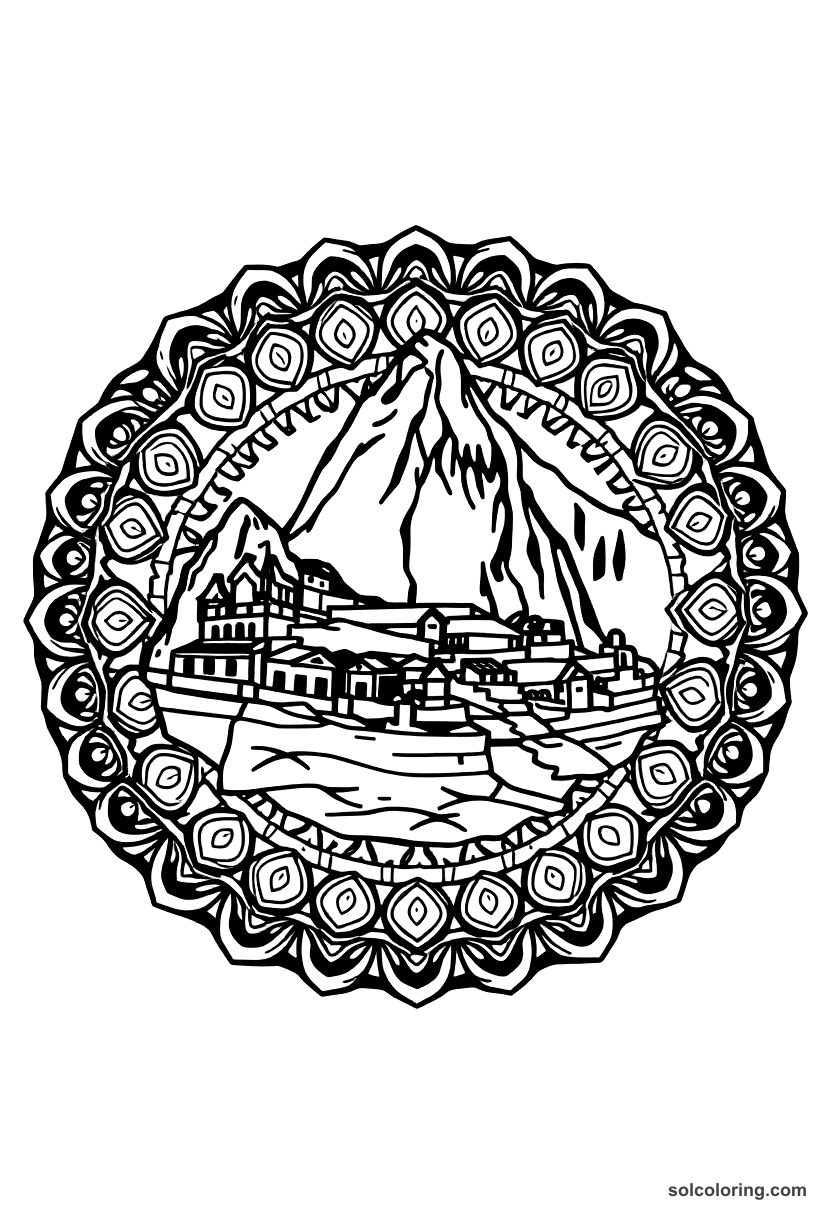 Mandala Pachacuti Inca Building Machu Picchu coloring page, free printable mandala style