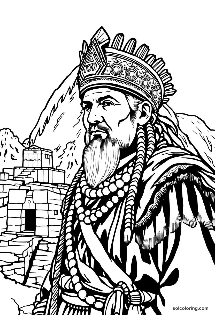 Pachacuti Inca Building Machu Picchu coloring page, free printable realistic style