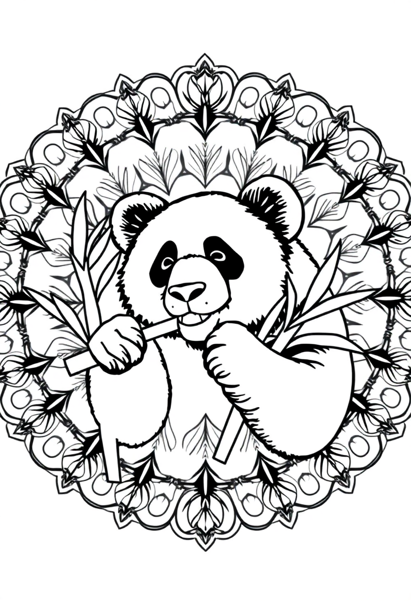 Panda bear eating bamboo coloring page with mandala design, bold outlines, free printable for kids and adults