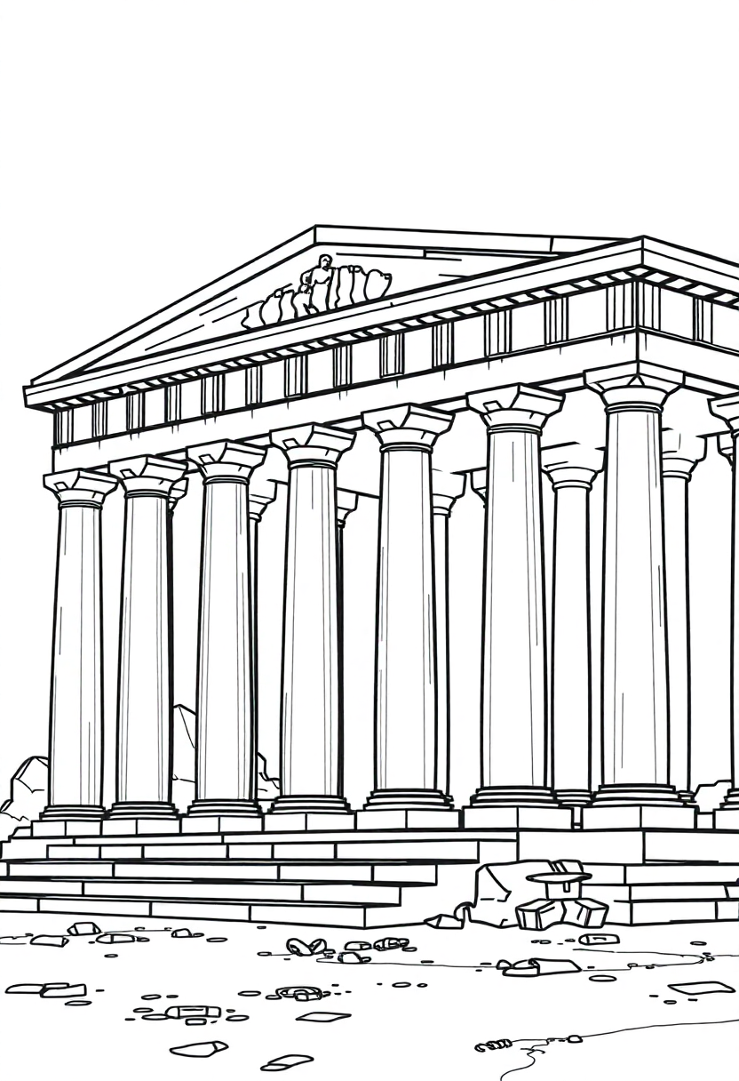 Parthenon Temple coloring page showing ancient Greek temple with columns and triangular roof in cartoon style