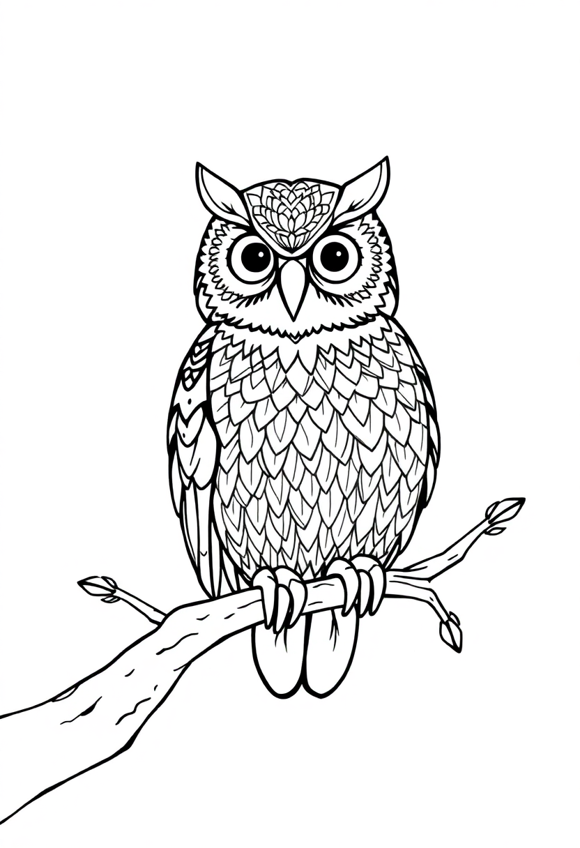 Patterned Owl on Branch coloring page, free printable