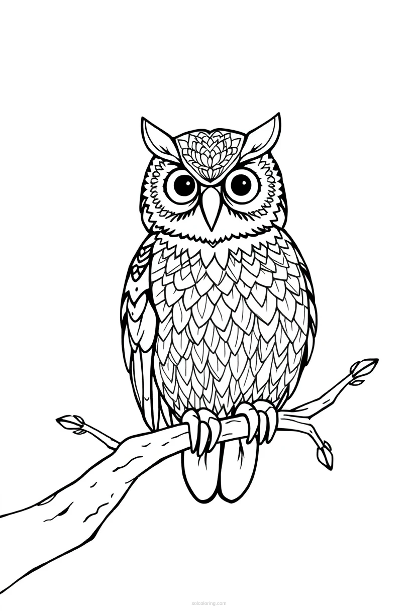 Patterned Owl on Branch coloring page for kids