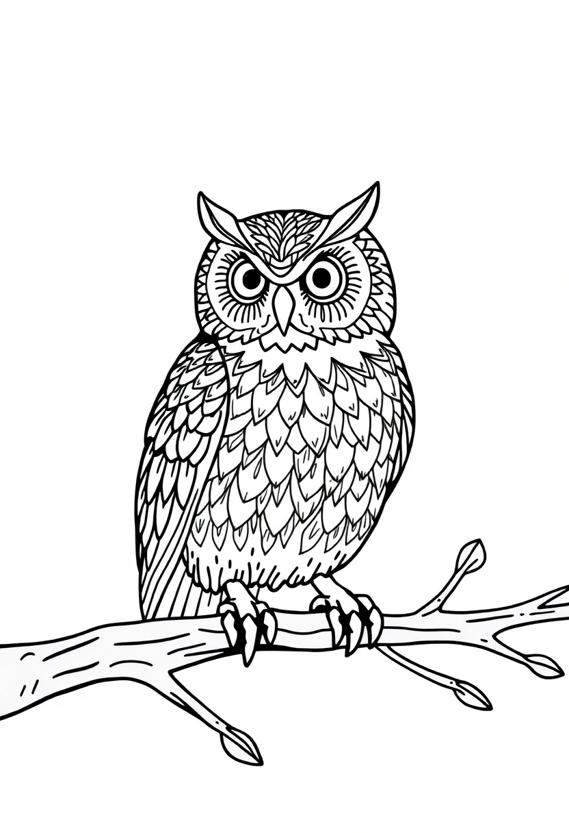 Patterned Owl on Branch coloring page, free printable