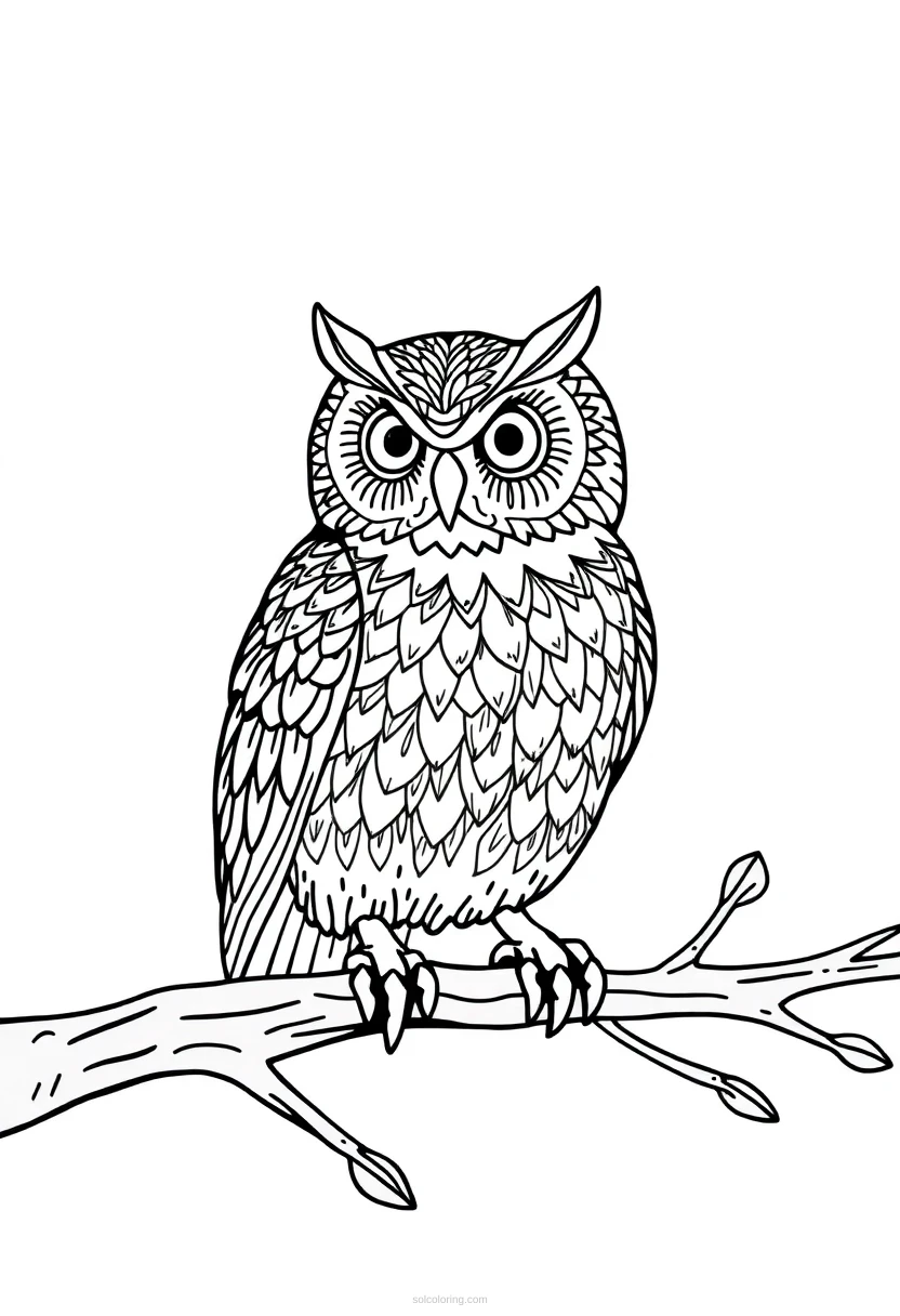 Patterned Owl on Branch coloring page for kids