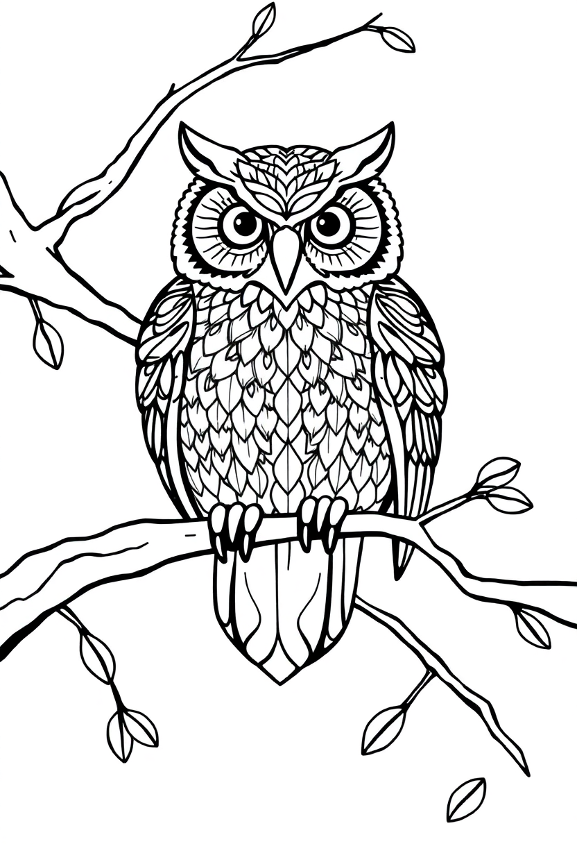 Patterned Owl on Branch coloring page, free printable
