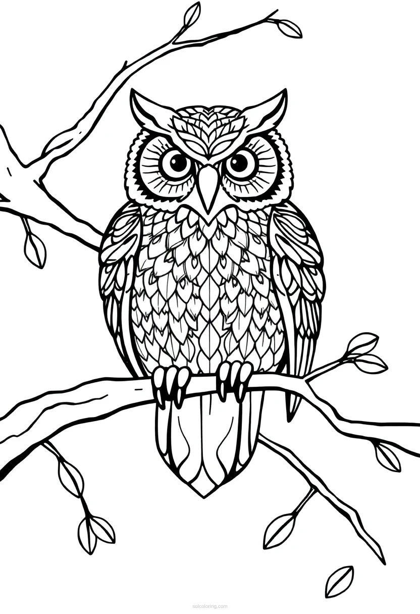 Patterned Owl on Branch coloring page for kids