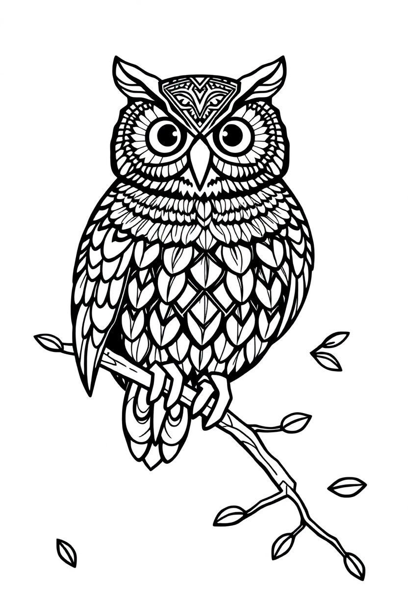 Patterned Owl On Branch coloring pages