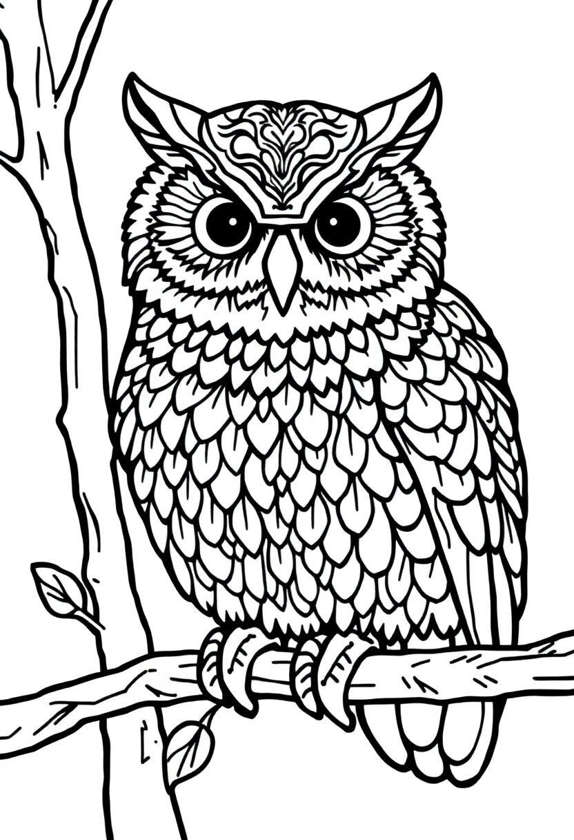 Patterned Owl on Branch coloring page, free printable