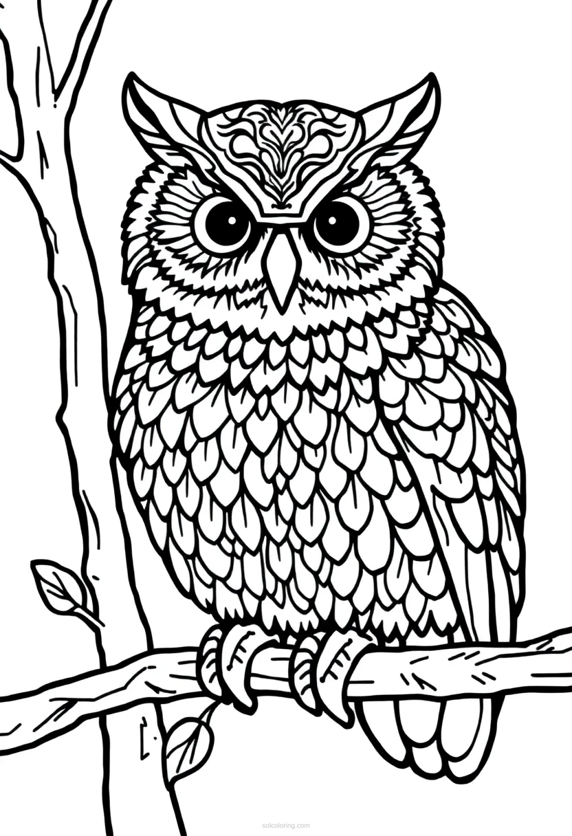 Patterned Owl on Branch coloring page for kids