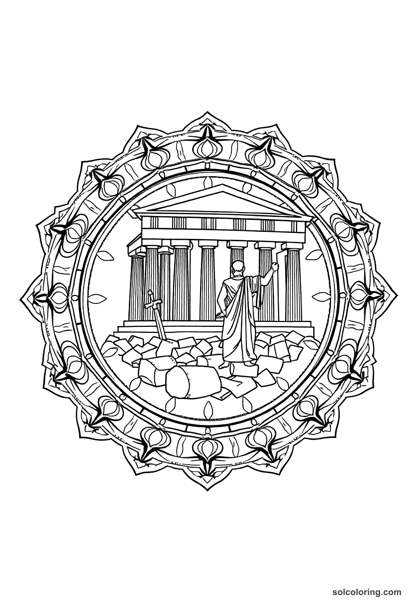 Mandala Pericles Overseeing the Parthenon Construction coloring page, free printable mandala style