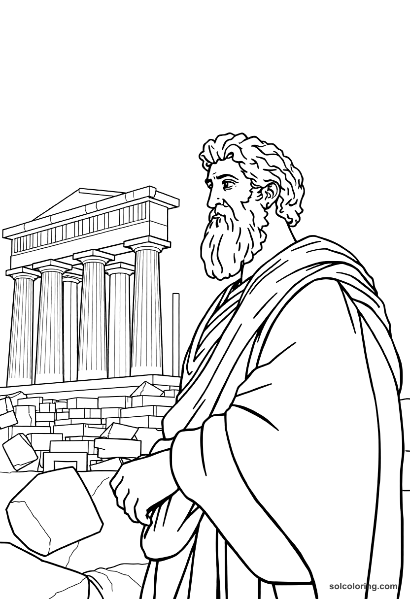 Pericles Overseeing the Parthenon Construction coloring page, free printable realistic style