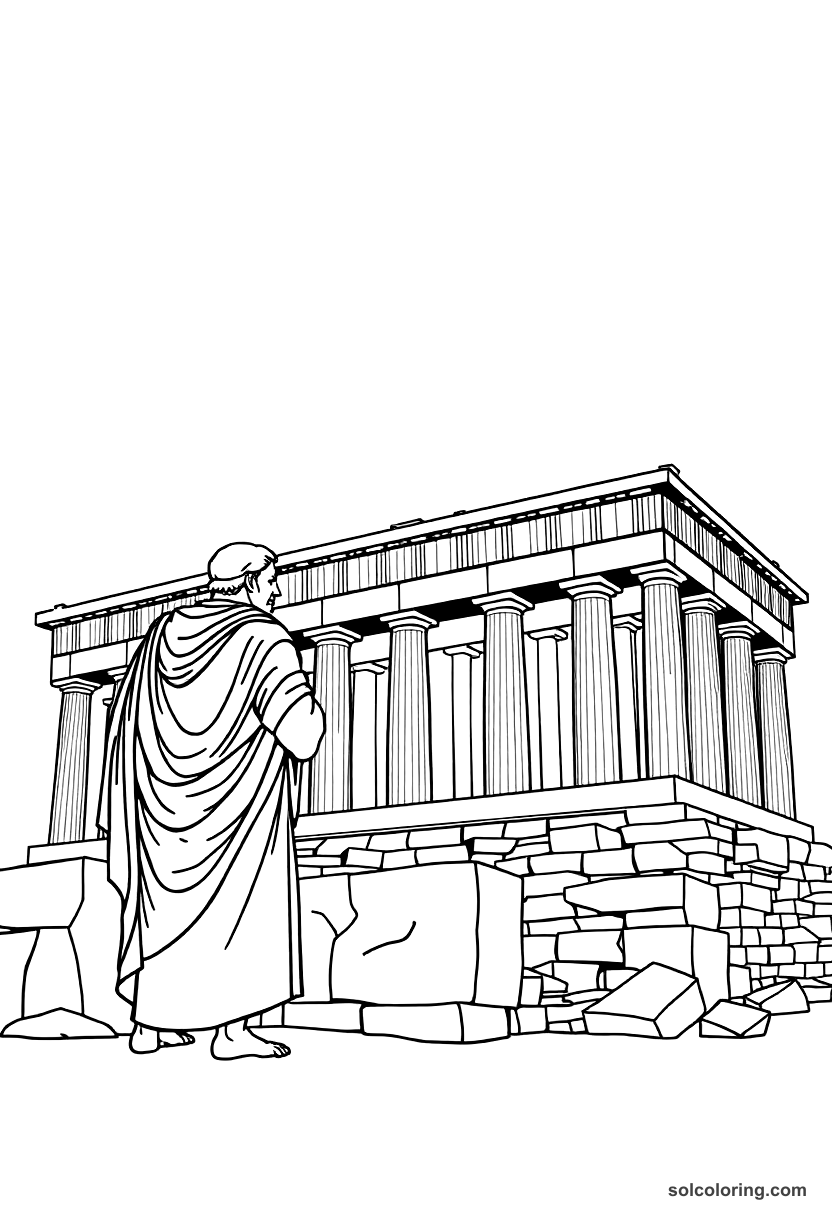 Simple Pericles Overseeing the Parthenon Construction coloring page, free printable simple style