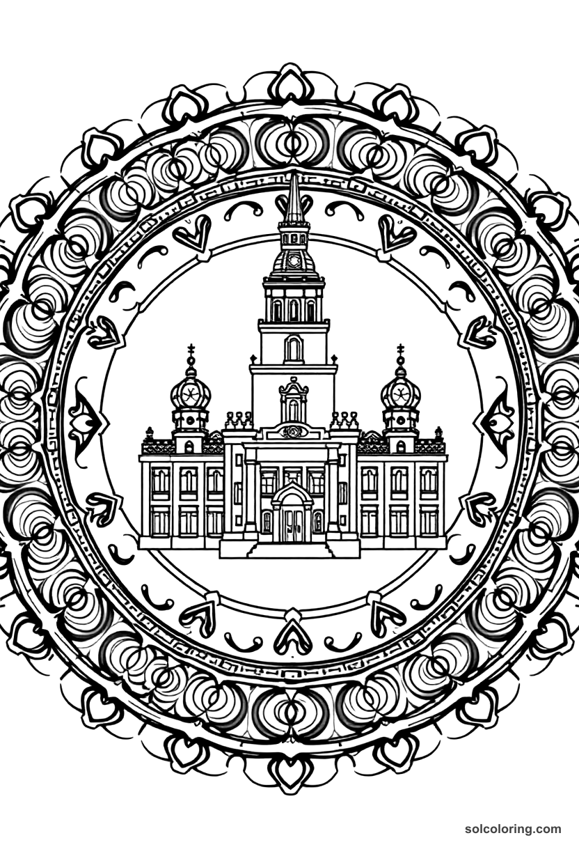 Mandala Peter the Great Building St. Petersburg coloring page, free printable mandala style