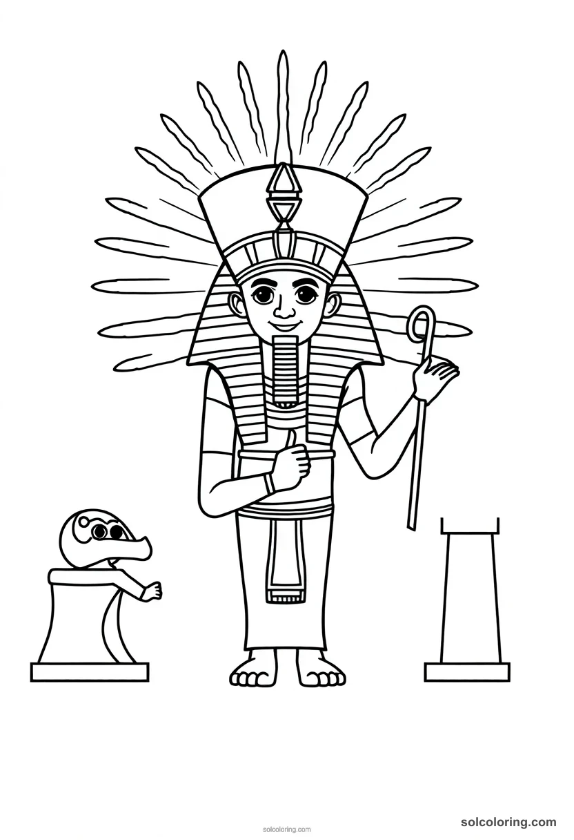 Cute Cartoon Pharaoh Akhenaten Worshipping the Aten cute cartoon coloring page for kids