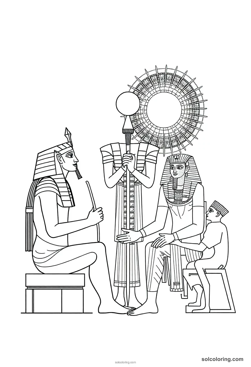 Pharaoh Akhenaten Worshipping the Aten detailed coloring page for kids