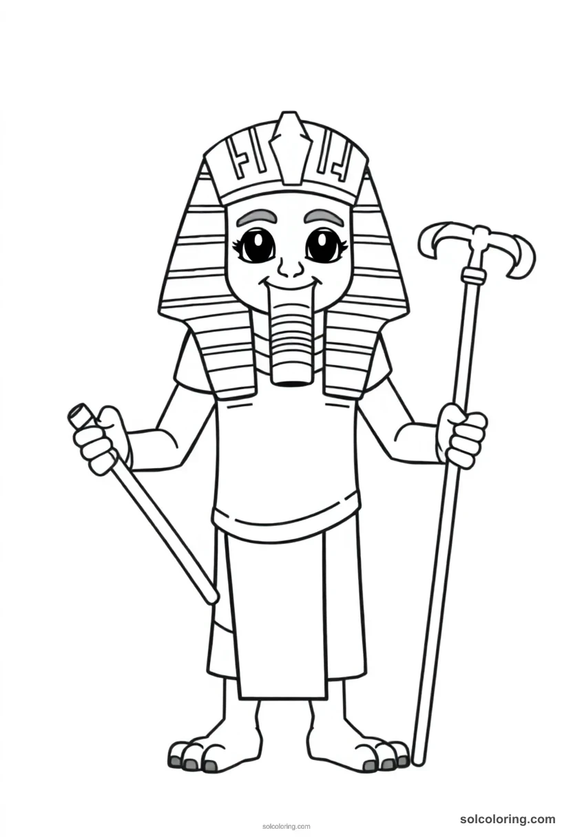 Cute Cartoon Pharaoh Khufu Holding the Crook and Flail cute cartoon coloring page for kids