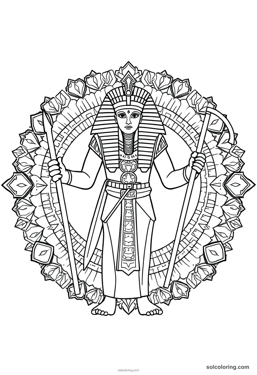 Mandala Pharaoh Khufu Holding the Crook and Flail mandala coloring page for kids