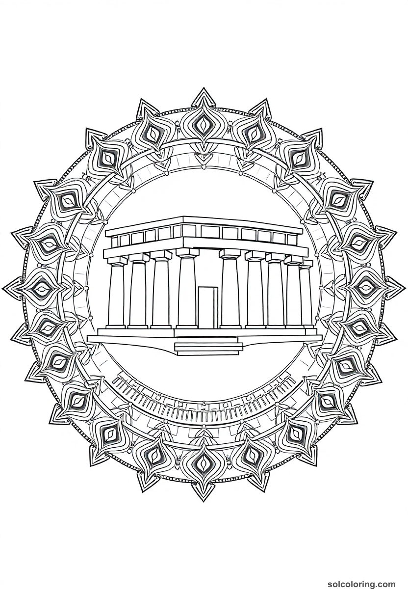 Mandala coloring page featuring Philae Temple of Isis with intricate geometric patterns and Egyptian architectural details