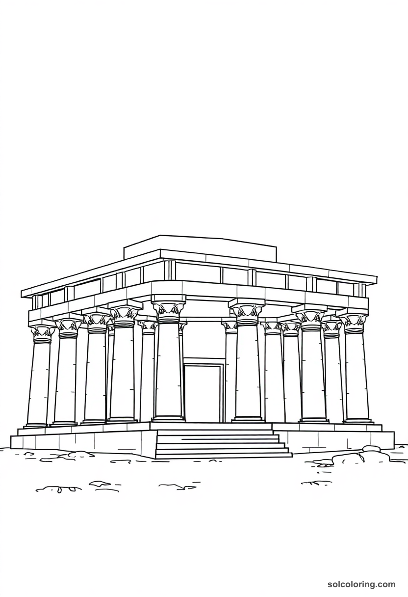 Philae Temple of Isis coloring page showing detailed ancient Egyptian temple with columns and hieroglyphic decorations
