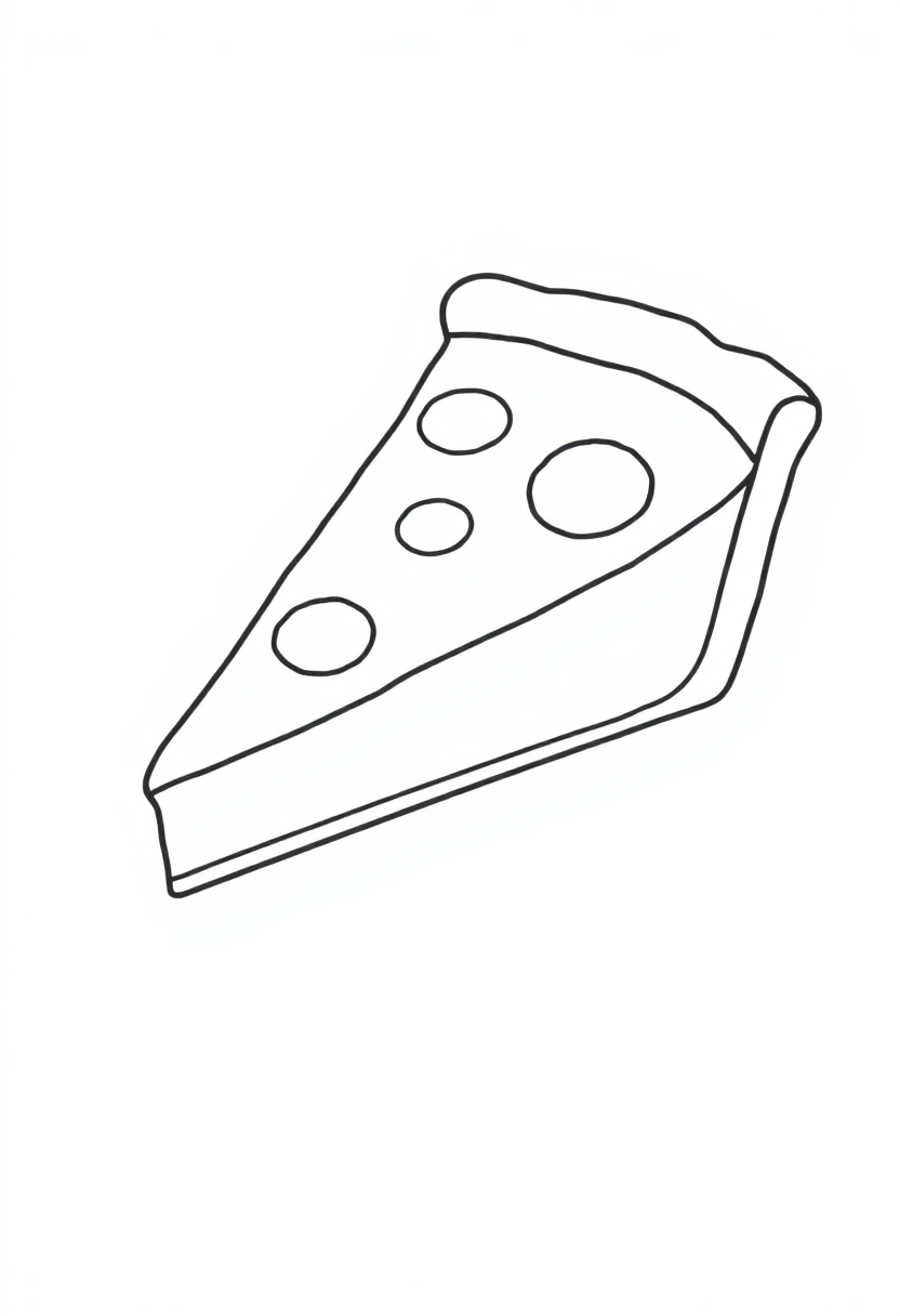 Simple pie slice coloring page outline showing triangular wedge with crust and filling details for kids to color