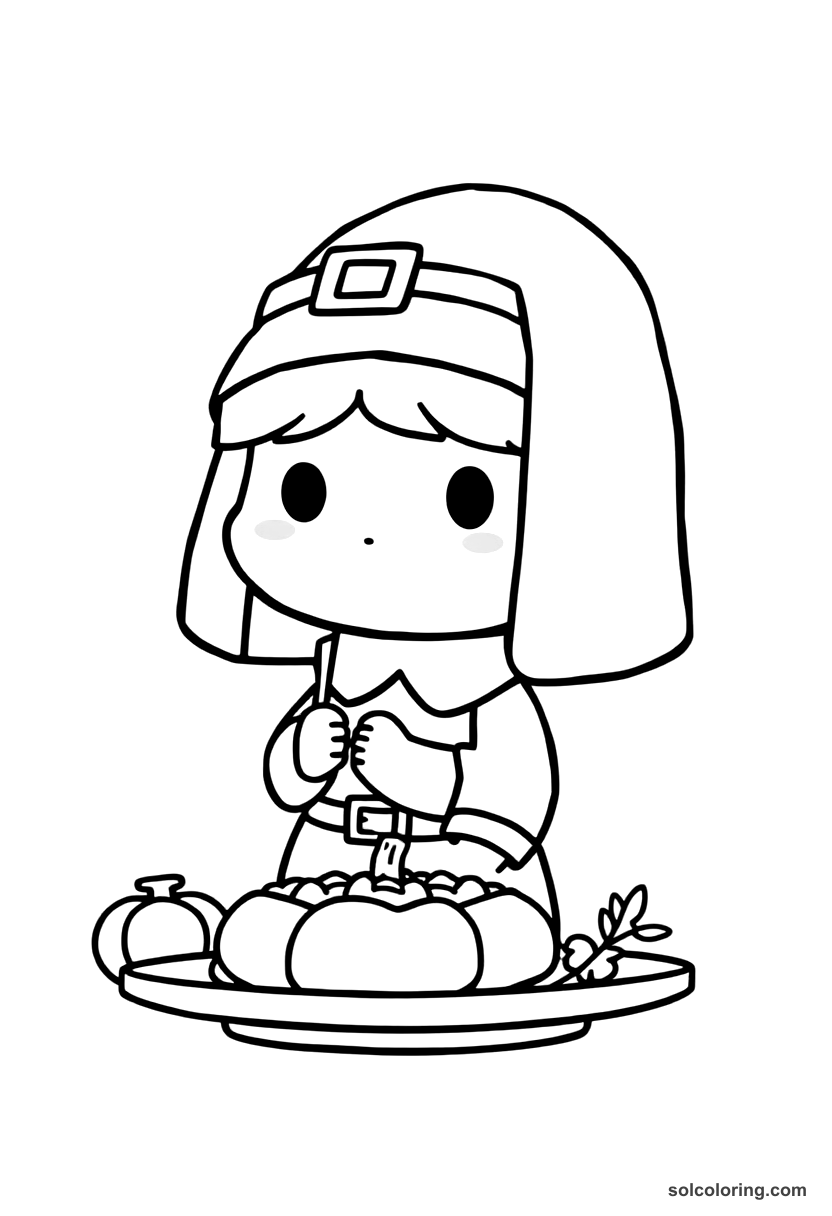Chibi Pilgrim's First Thanksgiving Feast coloring page, free printable chibi style