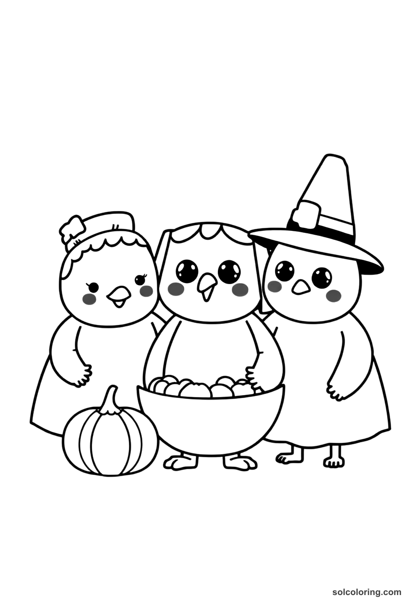 Cute Cartoon Pilgrim's First Thanksgiving Feast coloring page, free printable cute cartoon style