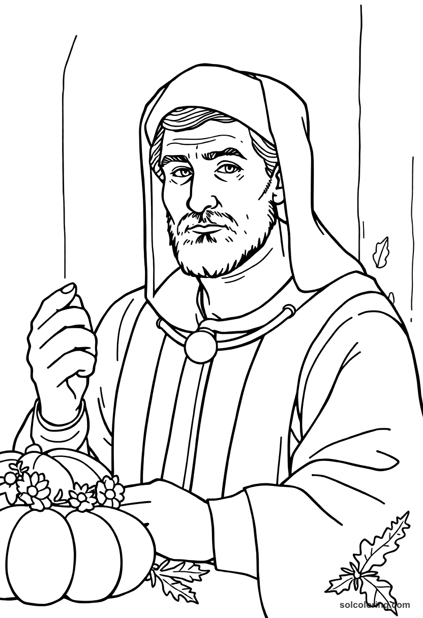 Pilgrim's First Thanksgiving Feast coloring page, free printable detailed style