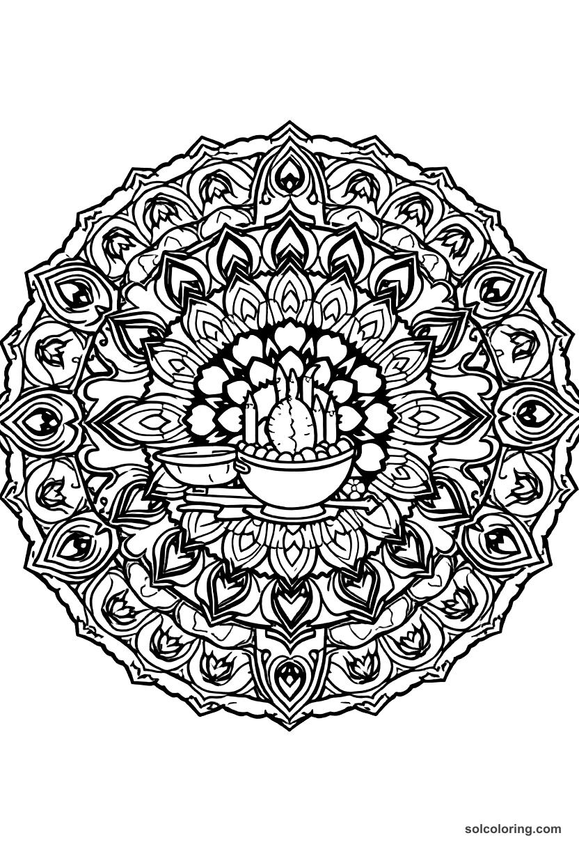 Mandala Pilgrim's First Thanksgiving Feast coloring page, free printable mandala style