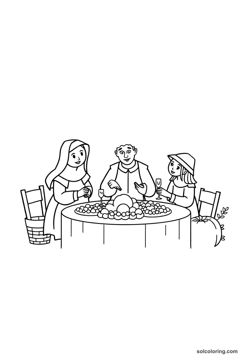 Simple Pilgrim's First Thanksgiving Feast coloring page, free printable simple style