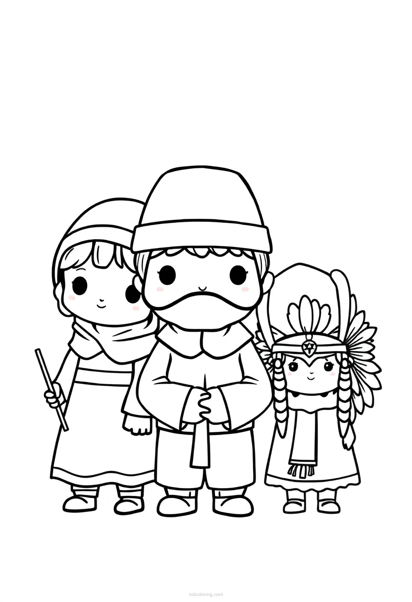 Pilgrims and Native Americans coloring page for kids