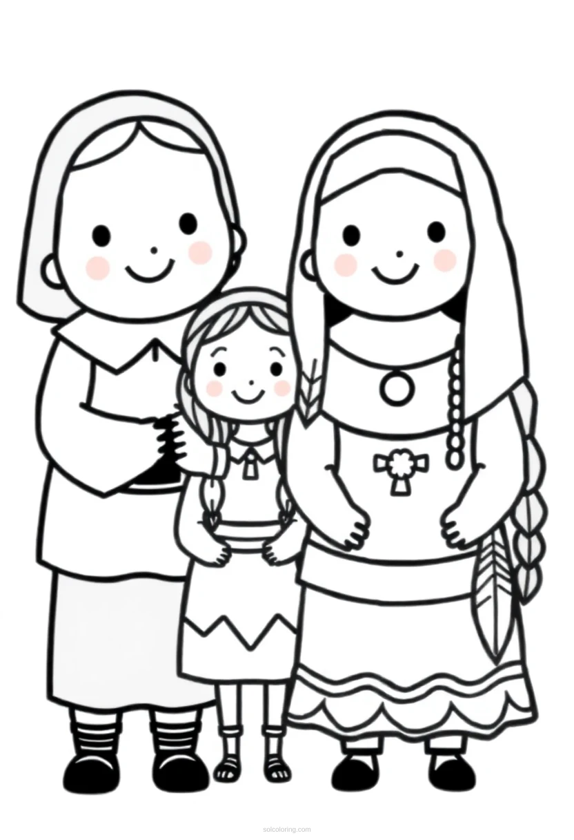 Pilgrims and Native Americans coloring page for kids